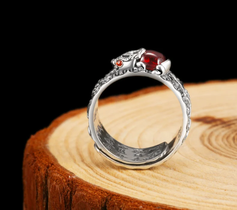 ZABRA 925 Sterling Silver Religion Adjustable Size 7.5 to 11.5 Ring For Women Men Lettering Brave Troops Red Zircon Birthday