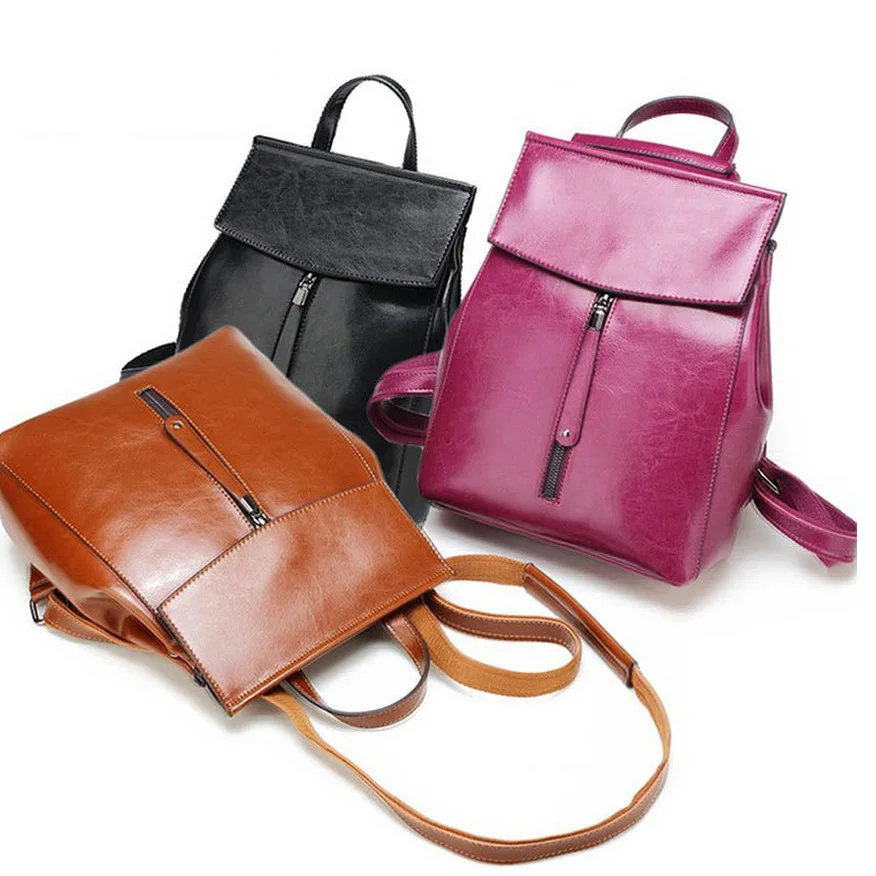 

2019 New Style WOMEN'S Bag Europe And America Fashion Leather Backpack Oil Wax Leather Backpack Fashion School Bag Guangzhou