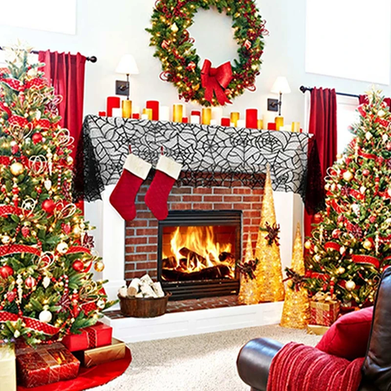 

Our warm 1pc 183*33cm Halloween spider web black lace tablecloth Halloween desktop decoration party supplies