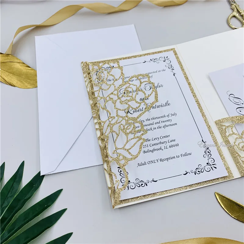  Special Glitter Rose Gold Tri-fold Laser Cut Wedding Invitations With RSVP Card & Belly Band Laser  - 4.00035E+12