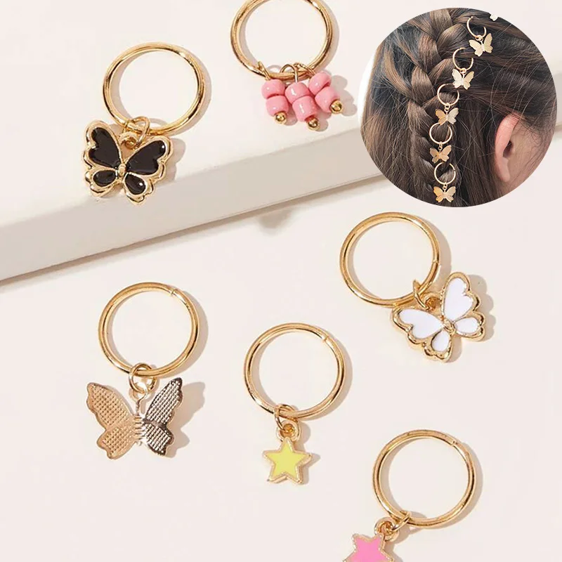 6Pcs Butterfly Star Pendant Hair Clip For Women Braid Trendy Metal Hair Rings Western Style Accessories Girls DIY Headdress