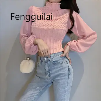 

FENGGUILAINew Fashion Women Slim Knitted Sweater Chiffon Stitching Ladies O-neck Sexy Short Tops Sweaters Lantern Sleeve Knitwea