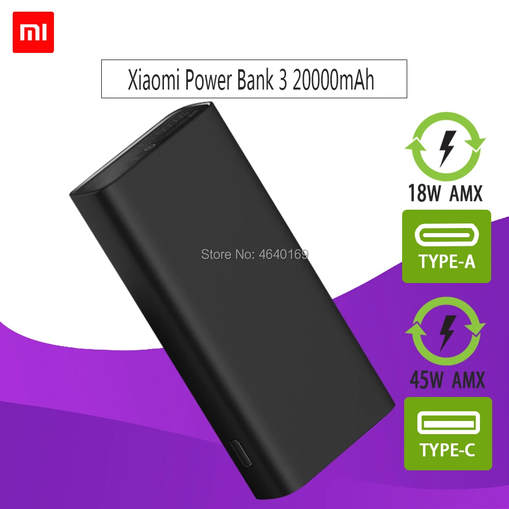 

New Xiaomi Power Bank 3 20000mAh USB-C 45W Two-way Quick Charge Type-C Dual USB Powerbank Portable Charger for Laptop Smartphone