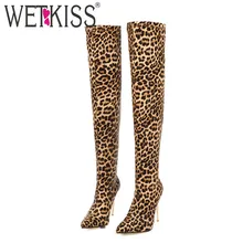 WETKISS/пикантные эластичные леопардовые сапоги женские сапоги на высоком каблуке женские ботфорты женские вечерние туфли с острым носком Большие размеры 48