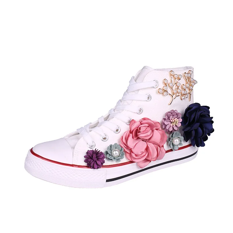 Белая парусиновая обувь с высоким берцем; женская обувь; женские кроссовки; Новинка; Корейская обувь на шнуровке с дикими цветами и