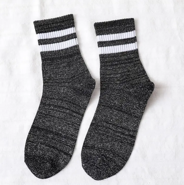 Charcoal Women Solid Metallic Sport Socks Lurex Ankle Sock with 2 Stripes on Cuff Girls Striped Short Winter Socks 5 pairs/ lot AL147SC - Цвет: Charcoal