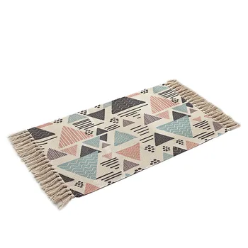 

Retro Bohemian Hand Woven Cotton Linen Carpet Tassel Bedside Rug Geometric Floor Mat Living Room Bedroom Home Decoration