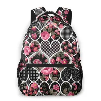 

Floral Hearts And Roses Patchwork Pattern Casual Daypack Travel School Bag with Pockets for Women College