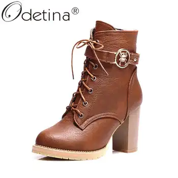 

Odetina Women Fashions Buckle Strap Cross-tied Winter Ankle Boots Lady Block Extreme High Heel Round Toe Side Zipper Short Boots