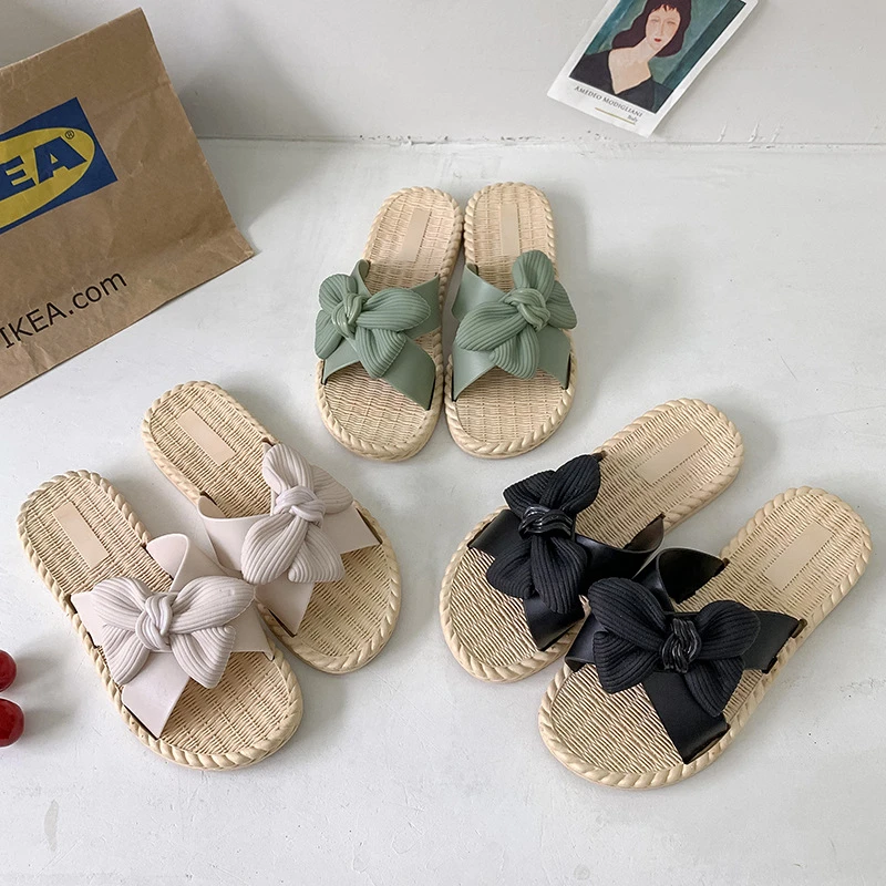 Bowknot Sandals For Women 2021 Summer Beach Weaving Slippers Soft Material Flat Shoes Chaussure Femme Hausschuhe | Обувь