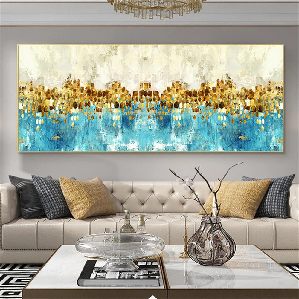 

Horizontal Panel Paint Handmade Oil Painting Modern Abstract Blue Gold Art Canvas Paintings Decor Living Room Wall Art Pictures