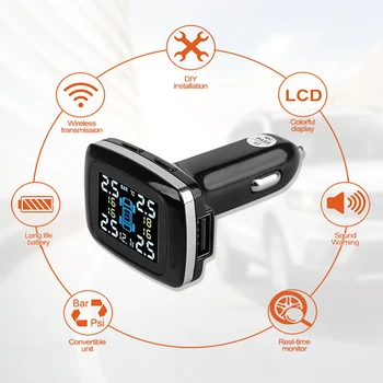 

Smart Car TPMS Tire Pressure Monitoring System cigarette lighter Digital LCD Display Auto Security Alarm Systems Tyre Pressure 5