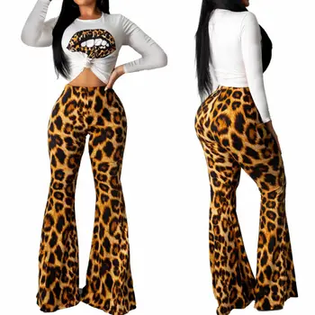 

2PC Women Short Sleeve Tops Long Leopard Print Boot-cut Pants Set Casual Outfits