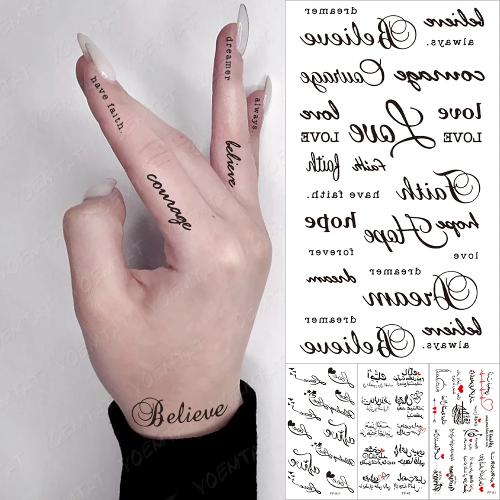 

Faith Dream Believe Hope Aterproof Temporary Tattoo Sticker Black Text Word Letter Body Art Arm Couple Fake Tatoo For Women Men