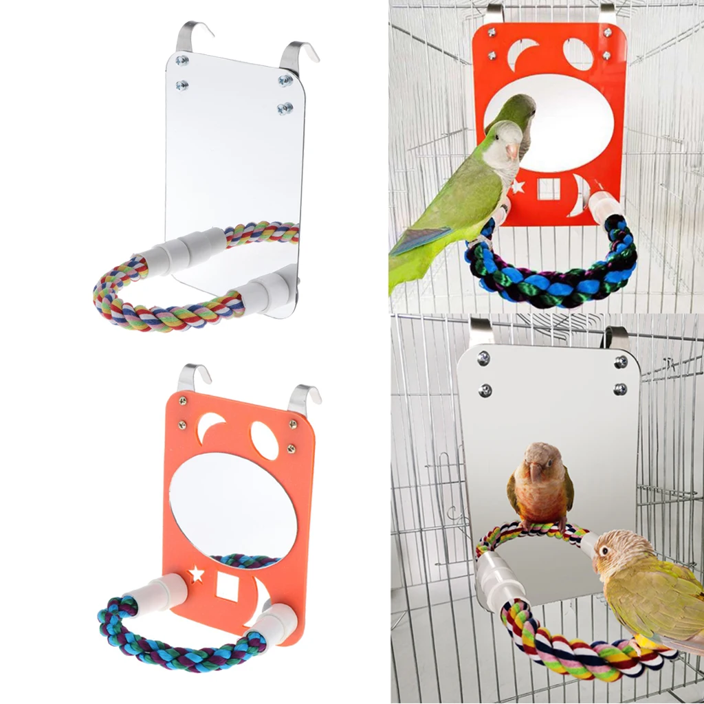 

Set Of 2 Parrot Mirror Bird Mirror W/ Colorful Rope Perch Orange Interactive