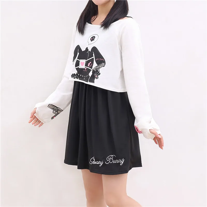 Black Comic Rabbit Lolita Dress Teens Girls Casual Sweet Kawaii Short Dress Cute Bunny Print Long Sleeve Dress 2021 Japanese