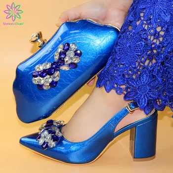 

2019 Blue New Fashion Italian Wedding Shoes With Matching Bags African High Heel Women Shoes and Bags Set For Prom Party