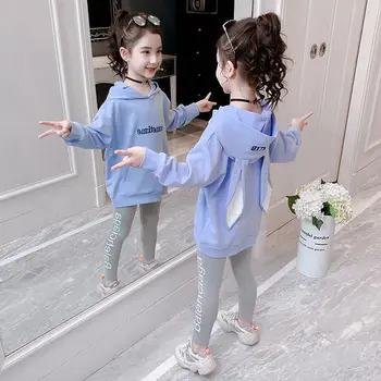 

Teens Girls Sports Suit 2020 Spring Fall New Girl Cotton Letter Embroidery Clothes Sweater Rabbit Ear Hoodie + Leggings 2pcs Set