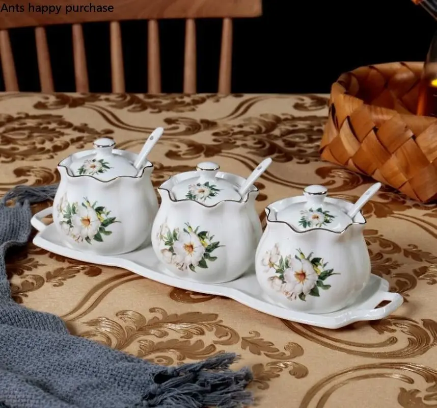 Керамическая кухонная банка для специй, комплект из трех предметов, европейский стиль, бытовая коробка для приправ, комбинированная ложка с крышкой, солевая сахарница