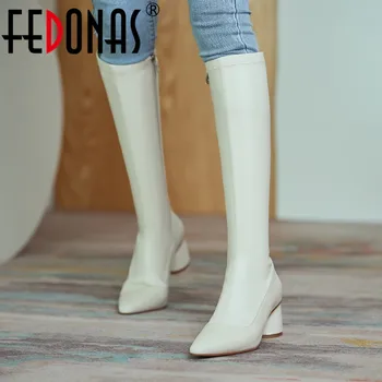 

FEDONAS Elegant Side Zipper Knee High Boots Pointed Toe High Heels Boots Boots Winter Newest Party Office Lady Shoes Woman Heels