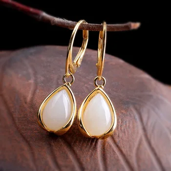 

products on the market S925 pure silver jewelry earrings wholesale gold-plated women's water drop Hetian Jade Earrings