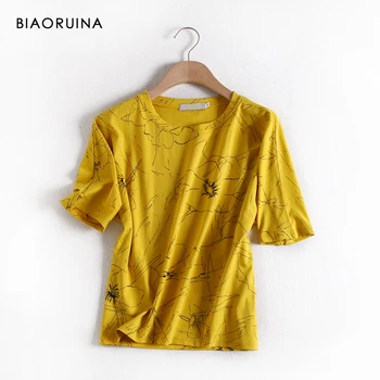 

BIAORUINA Women's Cotton Lines Printed Yellow Round Neck T-shirt Short Sleeve Female All-match Loose Casual Summer Tees Tops