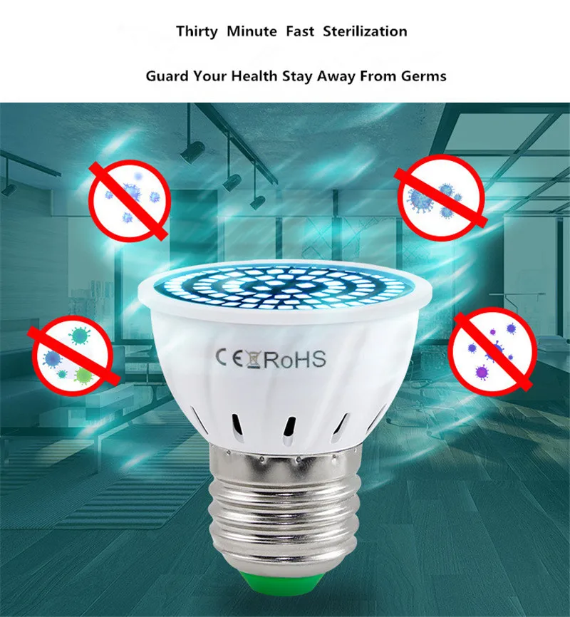 

E27 UV Desinfection Lamp E14 LED Sterilizer Lamp MR16 LED UVC Germicidal Bulb GU10 Ultraviolet Light 48 60 80leds Amuchina B22