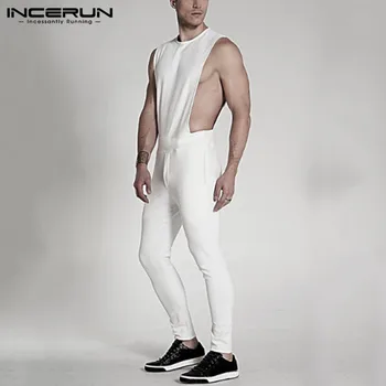 INCERUN Men Solid Color Rompers Sleeveless O Neck Jumpsuits Fashion Fitness Bib Pants Zippers Streetwear Overalls Suspenders 5XL 2