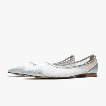 

Wedding Shoes Flats Women Glitter Pointed Toe Sandals Luxury Mesh Slip on Flat Slides Size 34-40 Silver Zapatos De Mujer