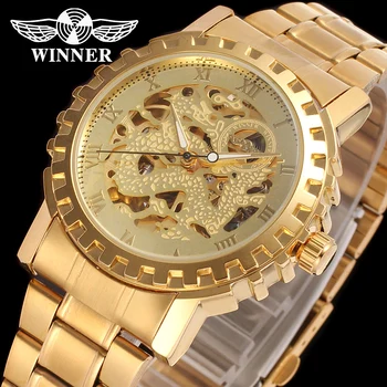 

Creative Novelty Dragon Gold Luxury Watches Mens Winner Brand Gift Visible Full Automatic Skeleton Mechanical Man Wrist Watch