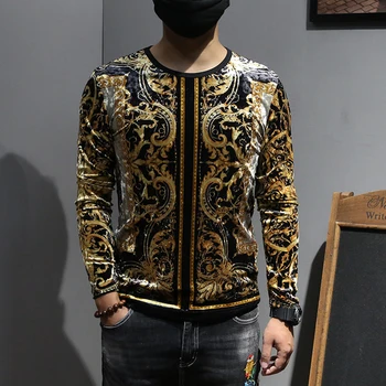 

2020 Autumn Velvet T Shirts Mens Baroque Gold Printed Luxury Mens Fashion Long Sleeve T-shirts Flannel Club Party Dress Slim Fit