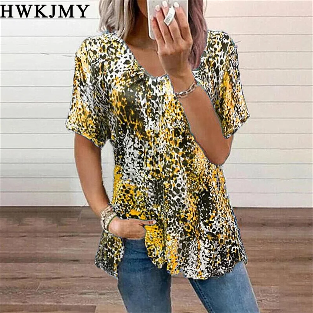 Summer Women's Clothing V-neck  Short Sleeve Tops Printed Tees Casual Loose T-shirt Plus Size Zipper Tee XS -  8XL cheap t shirts