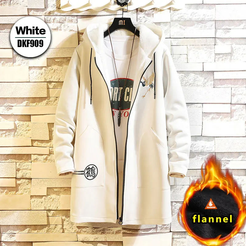 Флисовая Куртка, зимние мужские парки, 5XL, с принтом, военный, японский, с капюшоном, длинный плащ, черный, в стиле хип-хоп, уличная одежда, Толстые мужские куртки - Цвет: DKF909White