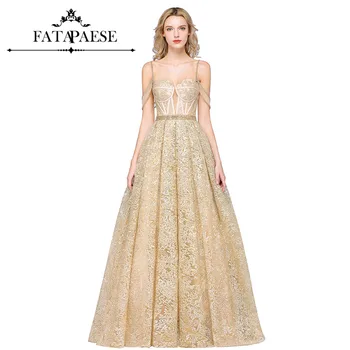 شراءالشمبانيا الفاخرة كريستال رداء دي سواريه فام الدانتيل خط طويل مساء فساتين 2019 Vestido ونغو فيستا Noite رداء إسترخاء