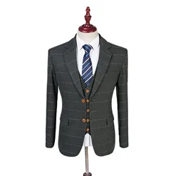 Costumes Hommes Custom Men Suits 3 Pcs Jacket Woollen Smart Casual Plaid Single Breasted Slim-Fit Cocktail Party Wedding Tuexdos