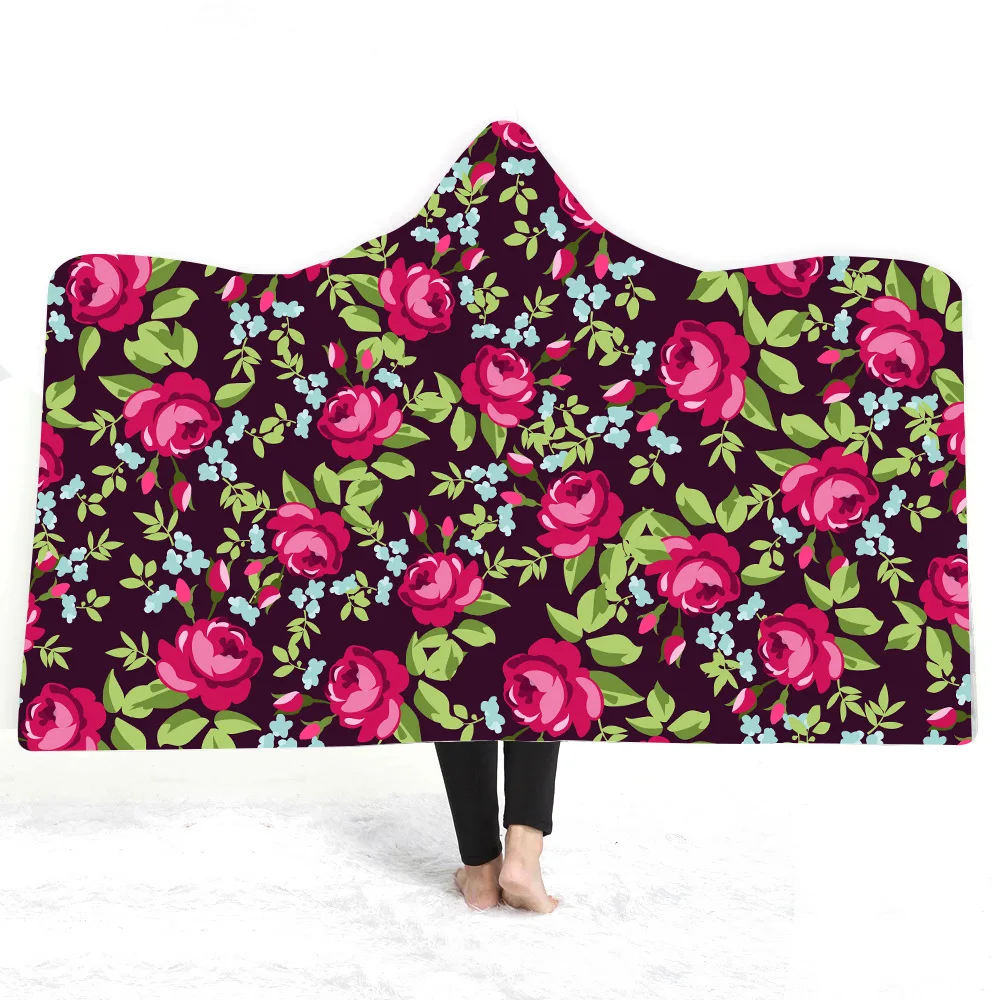 Flowers Hooded Blanket For Adults Childs 3D Printed Fleece Blanket For Sofa Portable Warm Throw Blanket For Home Travel Picnic - Цвет: color9