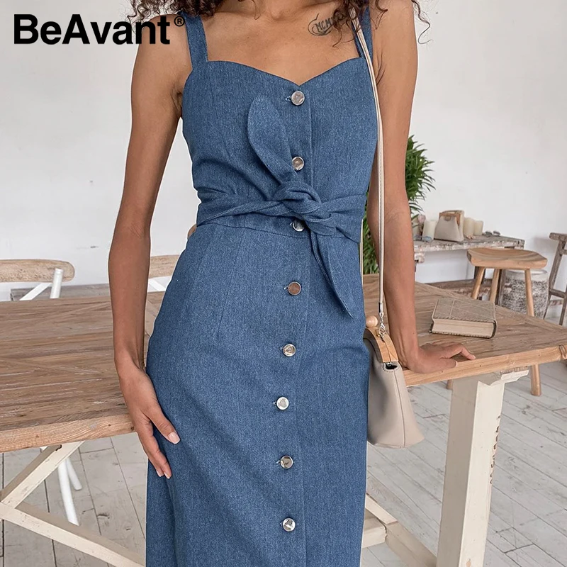Женское длинное джинсовое платье BeAvant винтажное летнее на пуговицах с бантом