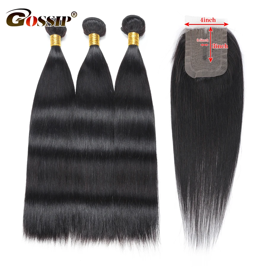 Straight-Bundles Lace Closure Remy-Hair 100%Human-Hair Gossip with T-Part Weave