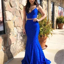 2 шт кружева Русалка Выпускные платья Длинные Спагетти ремни V шеи Формальные Вечерние платья Robe De Soiree