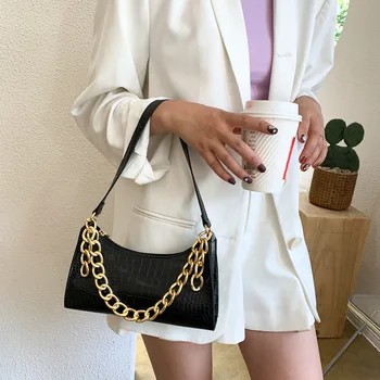 

Vintage French baguette shoulder shoulder chain female bag 2020 new French niche crocodile pattern purple armpit bag