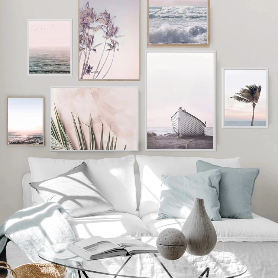 5D DIY Diamond Painting Blush Pink Sea Wave Beach Palm Tree Sky Boat Seagull Mosaic Embroidery Cross Stitch Home Decor | Дом и сад