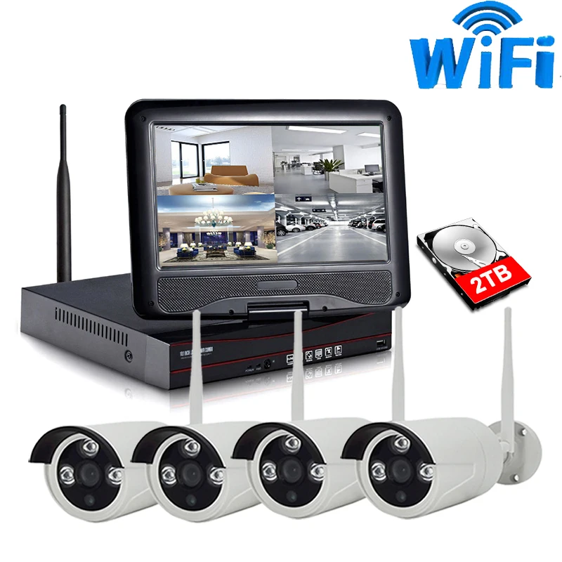 Беспроводная система видеонаблюдения 4 канала 720P NVR 10 дюймов ЖК экран 1.0MP|Система