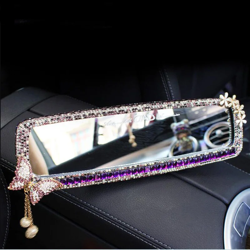 Bling Butterfly Rhinestone Car Interior Mirror Sparkle Car Accessories Wide-angle Crystal Diamonds Bow RearView Mirror For Women Rearview Mirror Cover