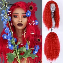Xumoo High Density Red Curly Synthetic Lace Front Wig Glueless Hot Pink Burgundy Deep Curly Wig For Cosplay Party Women