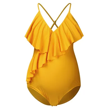 

Maternity Swimsuit Solid Ruffle Sleeve Bikini Pregnant Yellow Swimwear 2020 New Sexy Maternity Bodysuit Beachwear Dropshipping