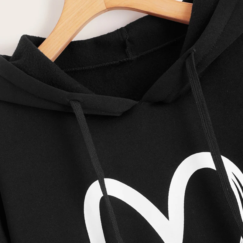 Dotfashion/Черная Толстовка с принтом в виде сердца и передним карманом для женщин, осенняя Повседневная Толстовка с капюшоном со шнуровкой, Женские базовые свитшоты