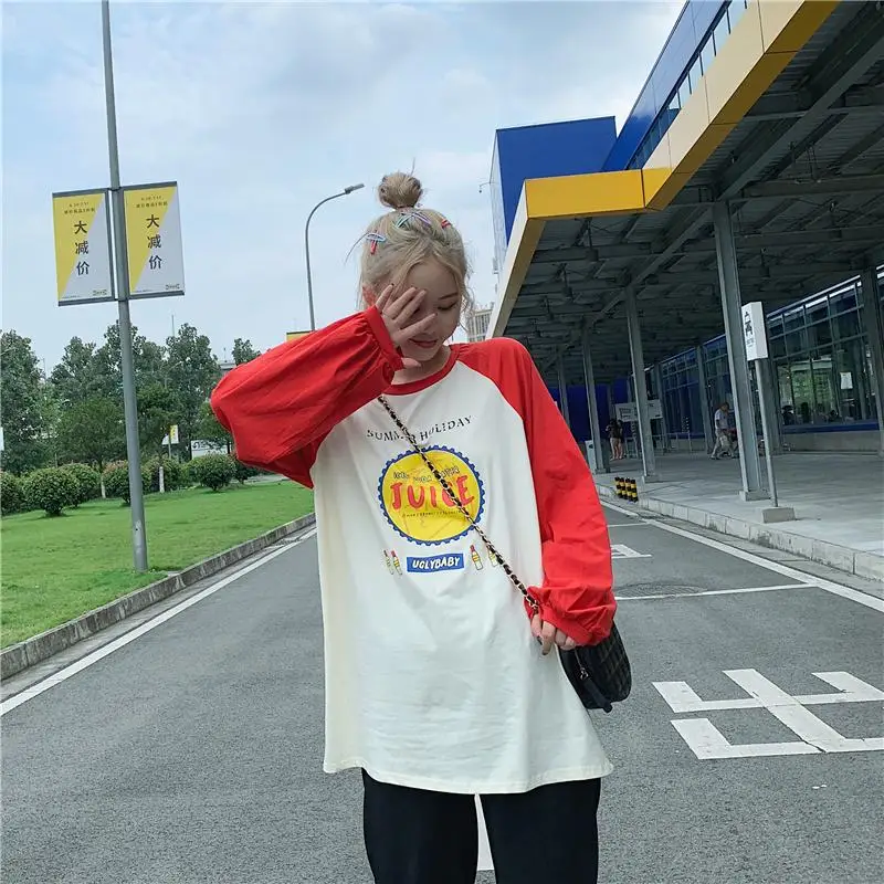 Размера плюс футболка с длинным рукавом Женская Harajuku футболка Топы Корейская футболка уличная Мультяшные футболки Femme Повседневная Осень