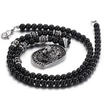 

Obsidian Lion Head Pendant Beaded Beaded Buddha Brand Patron Saint Necklace Men and Women Ethnic Style Beaded Necklace