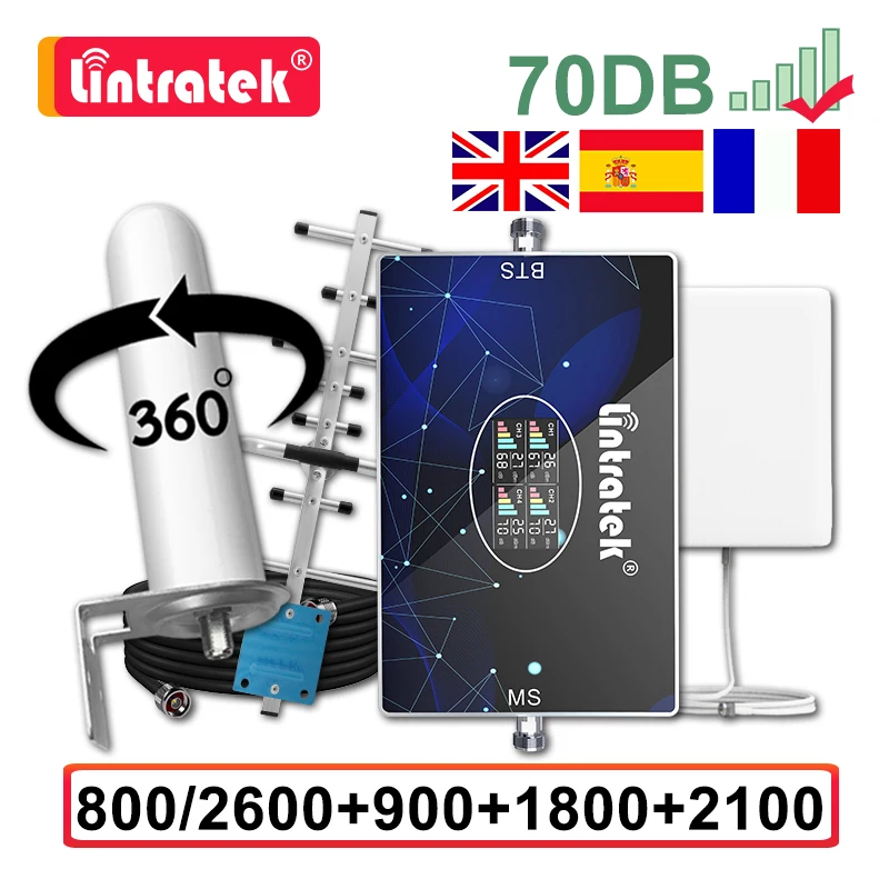 Четырехдиапазонный усилитель сигнала Lintratek 70 дБ 800 900 1800 2100 2600 GSM 2G 3G 4G с антенной Yagi