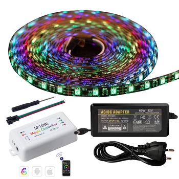 

5 meter RGB Led Strip Light WS2811 DC12V 30/60 Leds/M Flexible Lighting Ribbon Tape SP105E app Controller 12V power adapter Kit